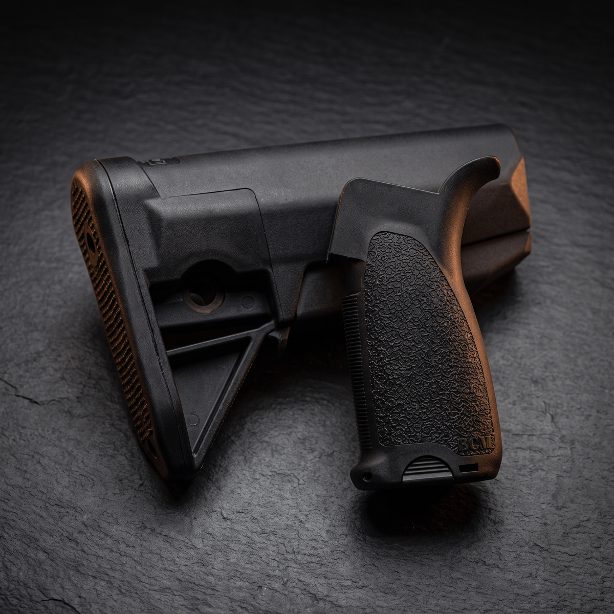 BCM Gunfighter buttstock and Mod 1 pistol grip shown as a matched set, illustrating our BCM Gunfighter furniture guide