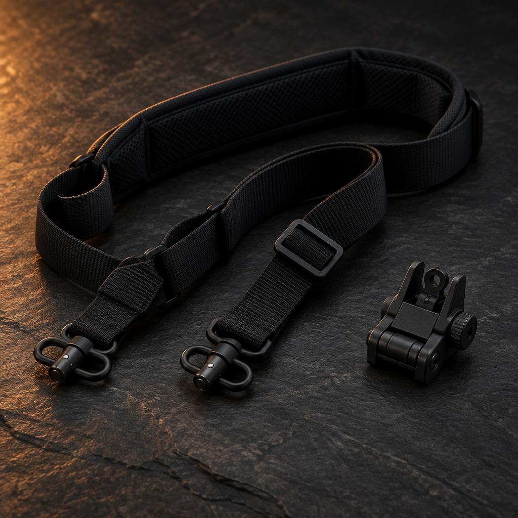 Padded two-point rifle sling and flip-up rear backup sight on dark slate, illustrating our CSR kit guide for a straight-pull AR-15