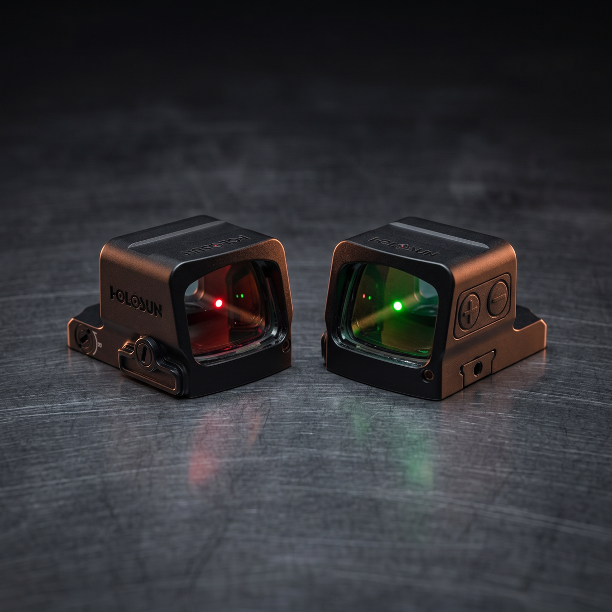 Holosun EPS Core red dot and green dot sights side by side, illustrating our green versus red dot comparison