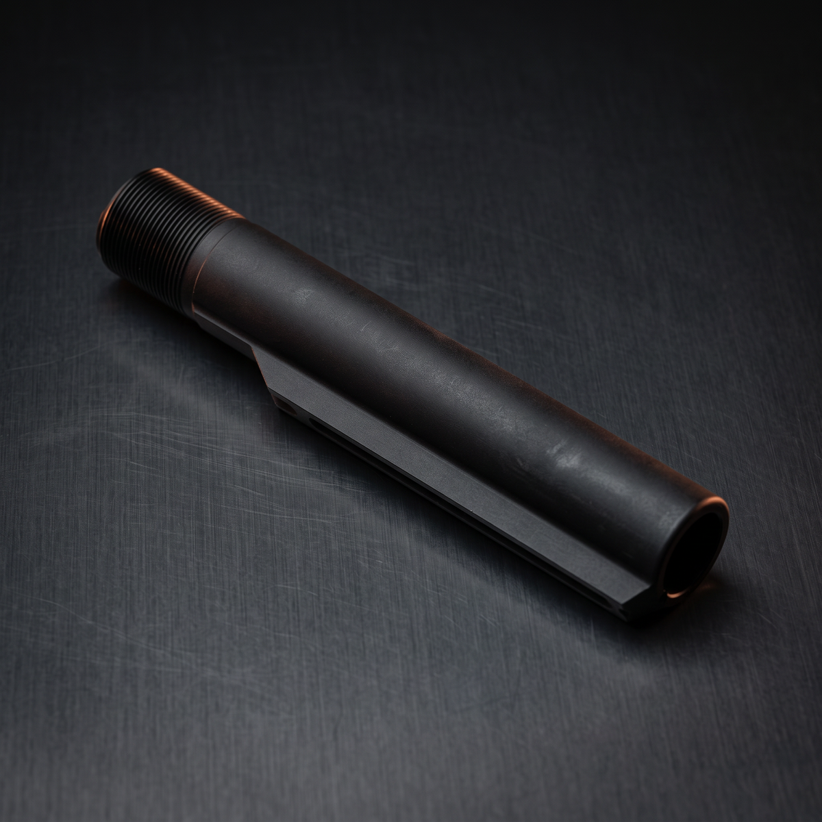 BCM MK2 AR-15 receiver extension on dark steel, illustrating our mil-spec versus commercial buffer tube guide