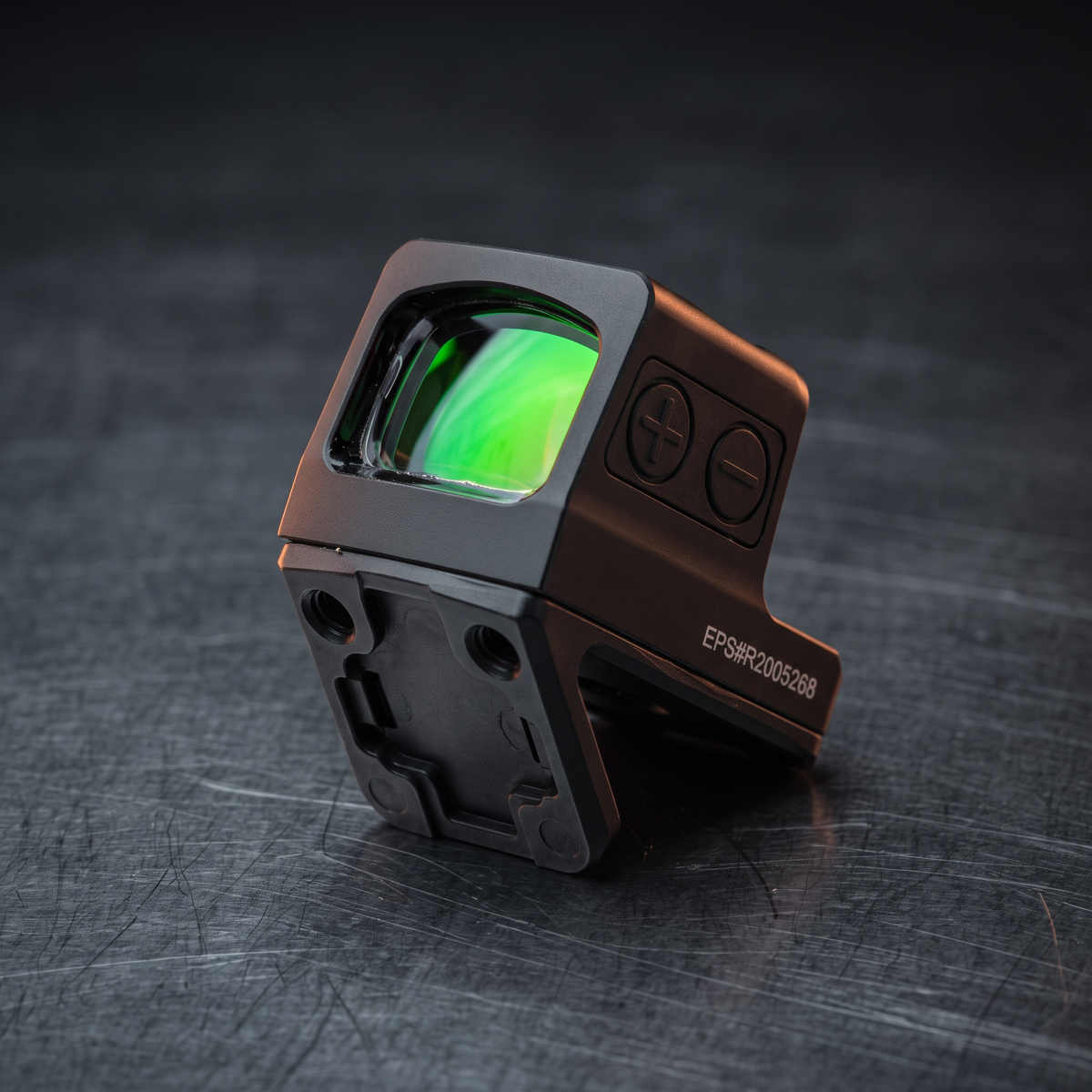 Holosun EPS pistol red dot tilted to show its mounting footprint, illustrating our pistol red dot footprint guide
