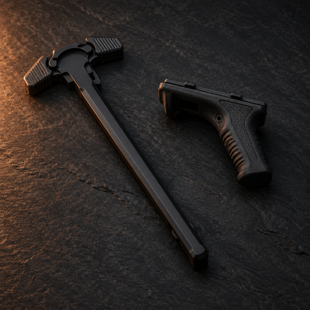 Ambidextrous AR-15 charging handle and angled foregrip on dark slate, illustrating our Practical Rifle setup guide for a straight-pull AR-15