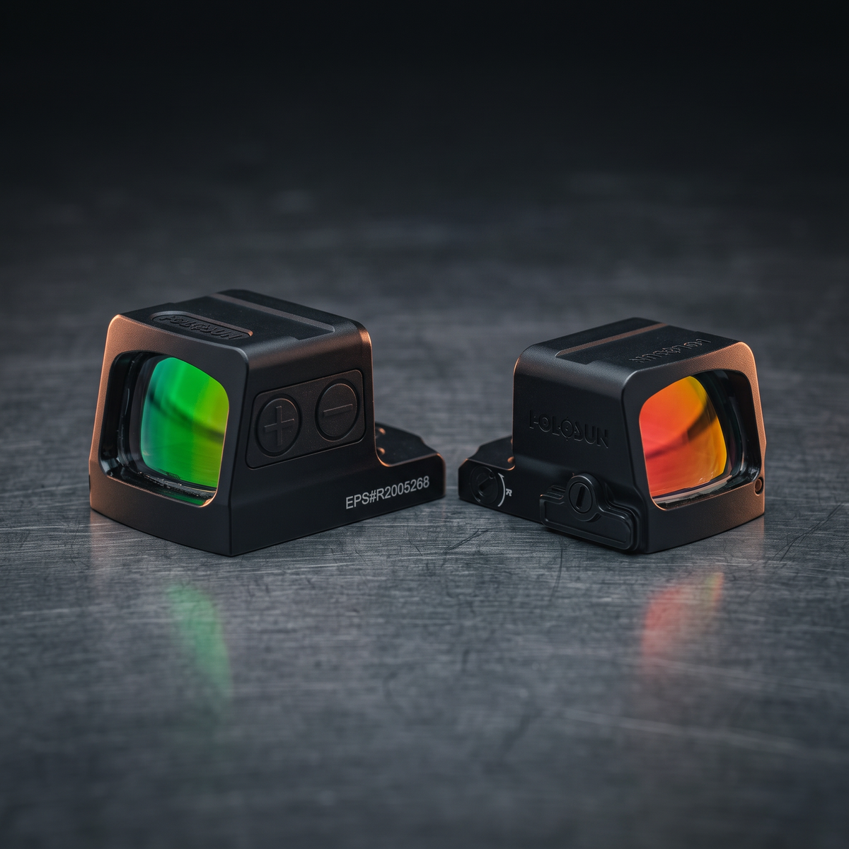 Holosun EPS and smaller EPS Core pistol red dots side by side, illustrating our RMR versus RMSc footprint guide