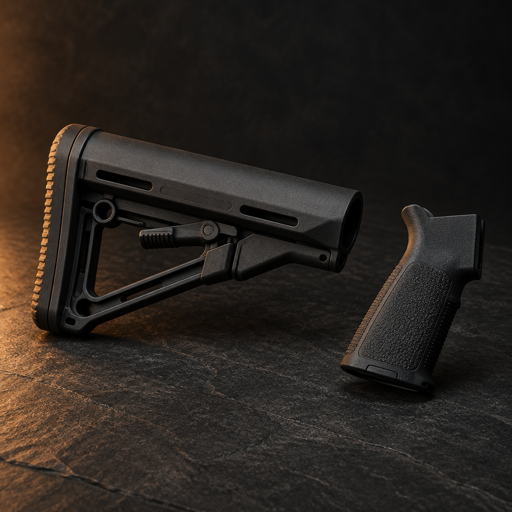 Black collapsible AR-15 carbine stock and pistol grip on dark slate, illustrating our guide to which AR-15 parts fit a straight-pull rifle