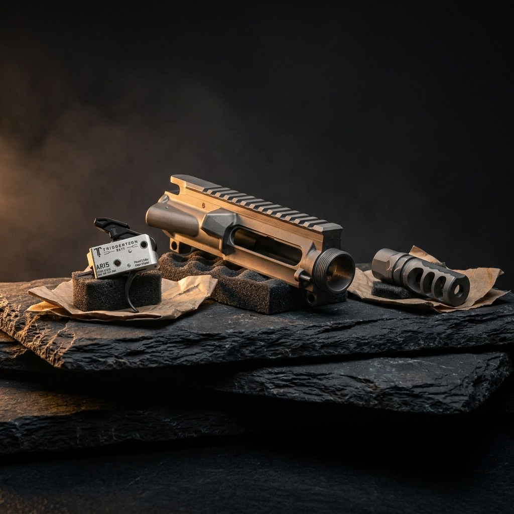 Three newly arrived premium tactical rifle components arranged in a row on dark slate - new arrivals