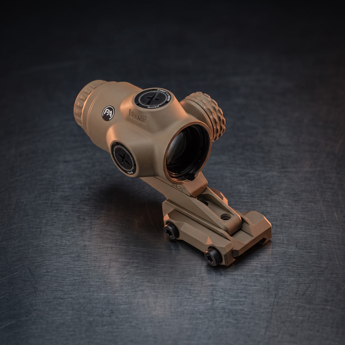 Optics – Primary Arms SLx 3x MicroPrism scope in Flat Dark Earth on a dark steel surface
