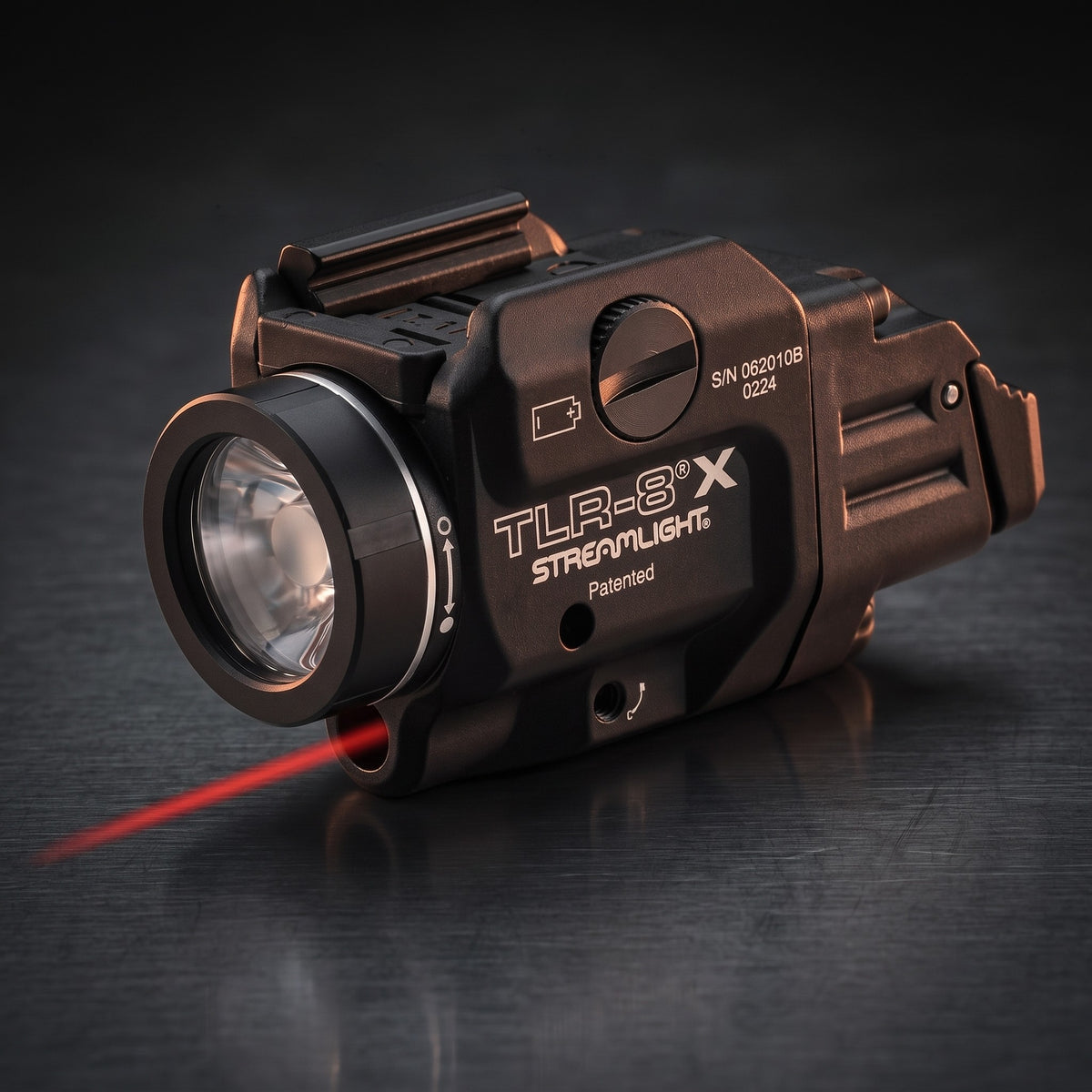 Rechargeable Weapon Lights – Streamlight TLR-8 X weapon light in black on a dark steel surface