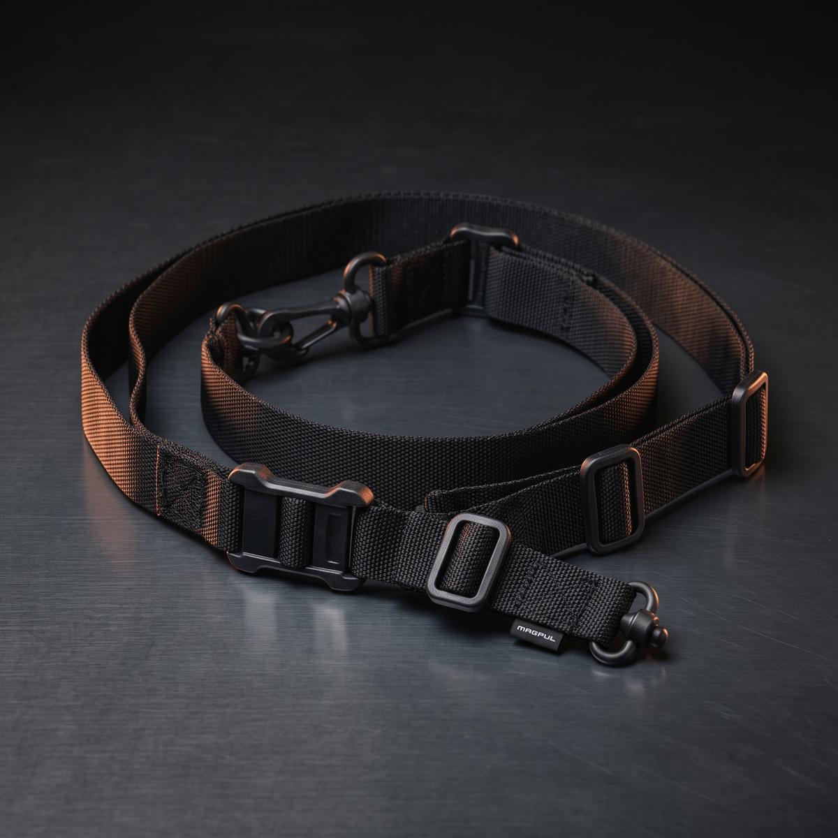 Rifle Slings & Sling Mounts – Magpul MS4 dual QD rifle sling on a dark steel surface