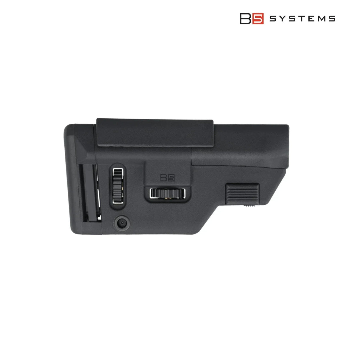 B5 Systems Collapsible Precision Stock Medium for AR-15, side profile showing the adjustment controls