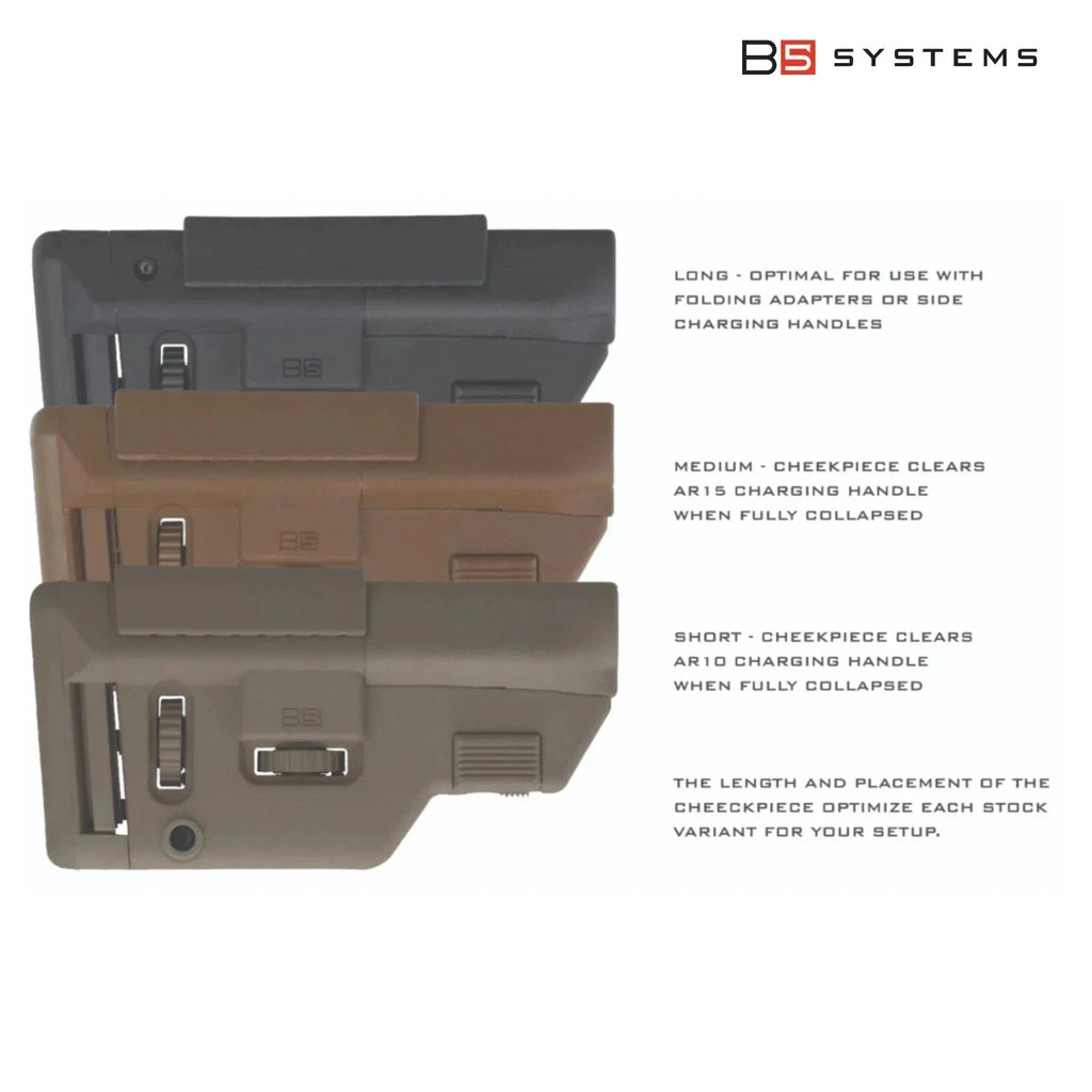 B5 Systems Collapsible Precision Stock Medium for AR-15, colour options shown stacked with feature notes