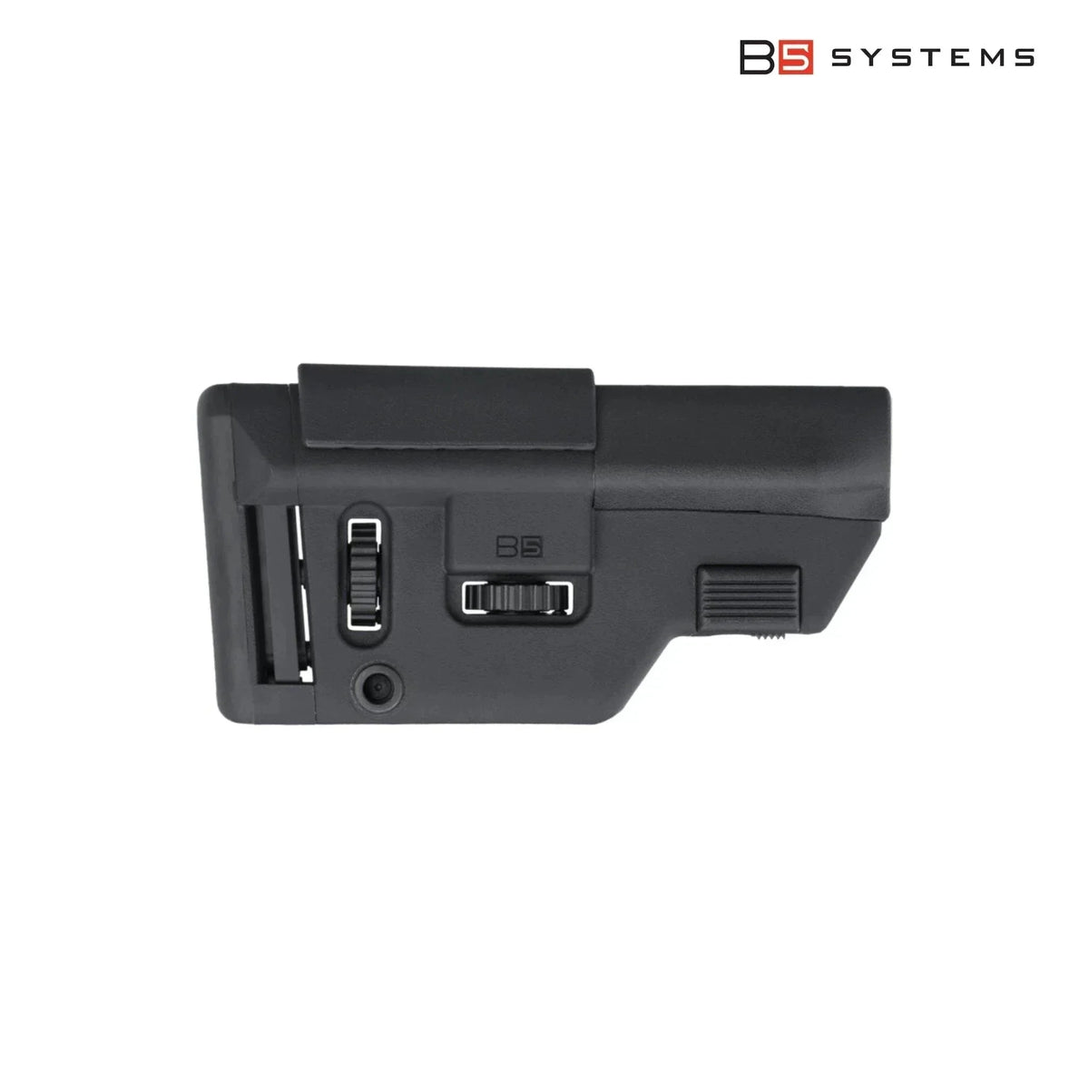 B5 Systems Collapsible Precision Stock Short for AR-15, side profile showing the adjustment controls