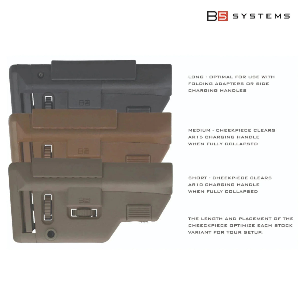 B5 Systems Collapsible Precision Stock Short for AR-15, colour options shown stacked with feature notes