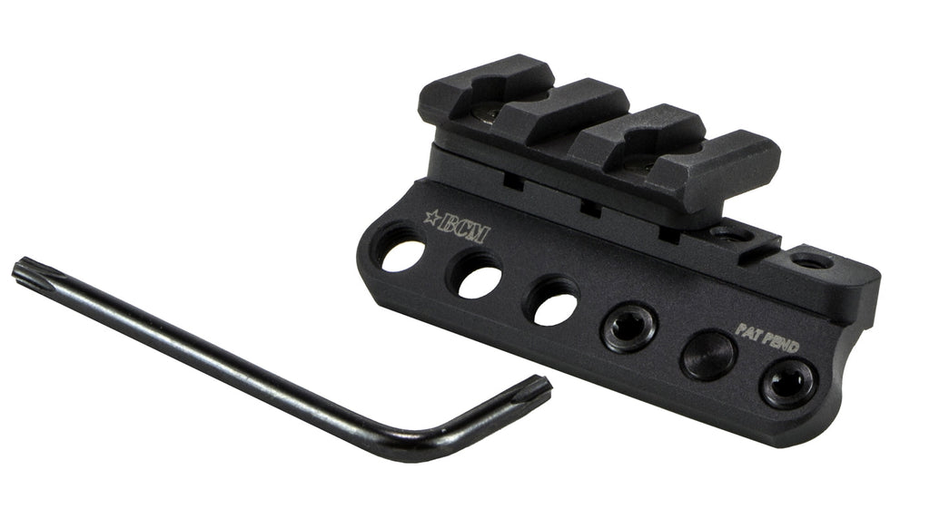 BCM 1913 Light Mount Modular, aluminium KeyMod light mount, with its Allen key, angled view