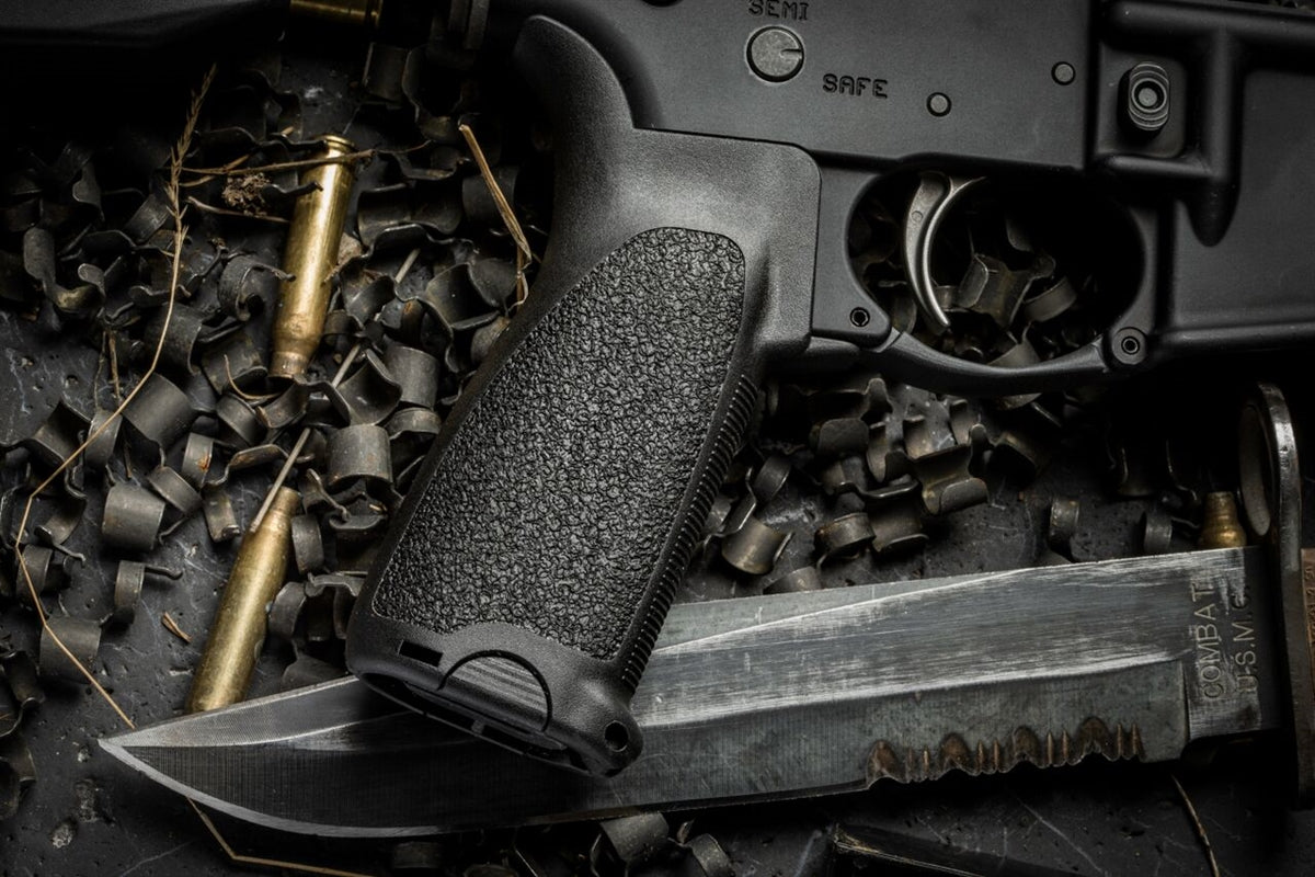 BCM Gunfighter Mod 3 Pistol Grip for AR-15/M4, fitted to a rifle on spent brass