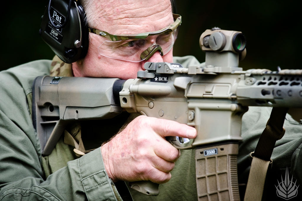 BCM Gunfighter Stock Kit Mod 0 carbine stock kit, in use by a shooter in eye and ear protection