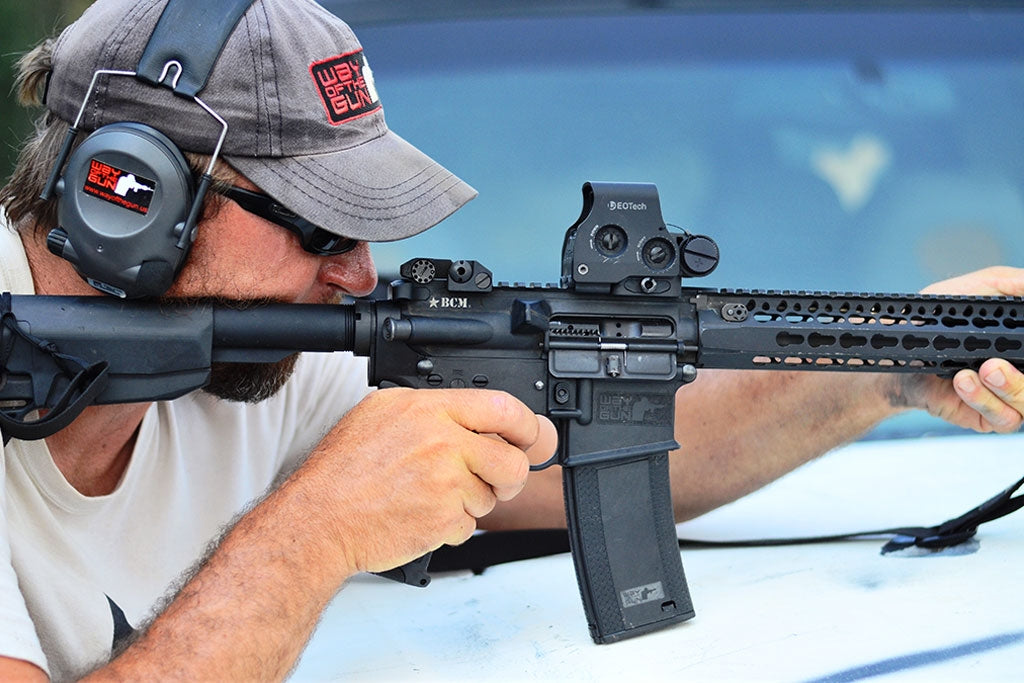 BCM Gunfighter Stock Kit Mod 0 carbine stock kit, in use on a rifle at the range