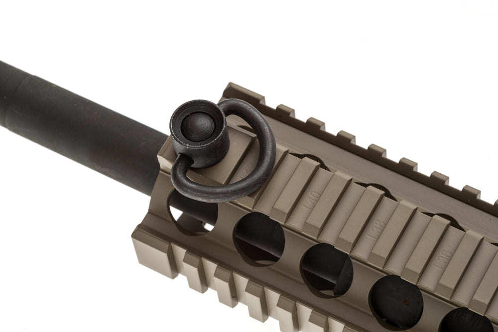 BCM QD sling swivel 1 inch D-ring in carbon steel, fitted to a quad rail handguard
