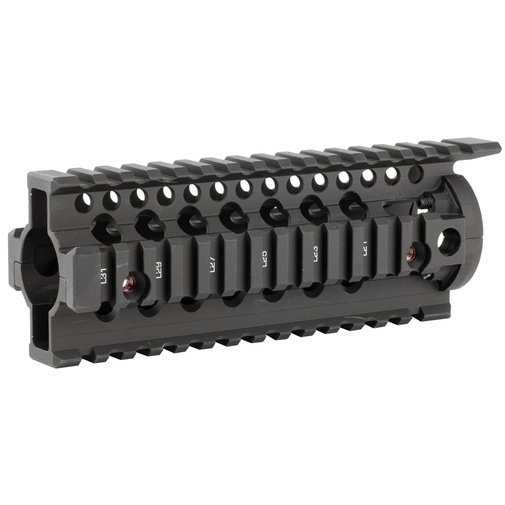 Daniel Defense Omega Rail 7.0 quad rail handguard at an angle showing the rail sections
