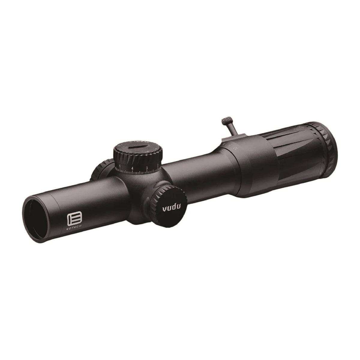 EOTech Vudu 1-10x28 LE5 in black showing the elevation and windage turrets on the 34 mm tube