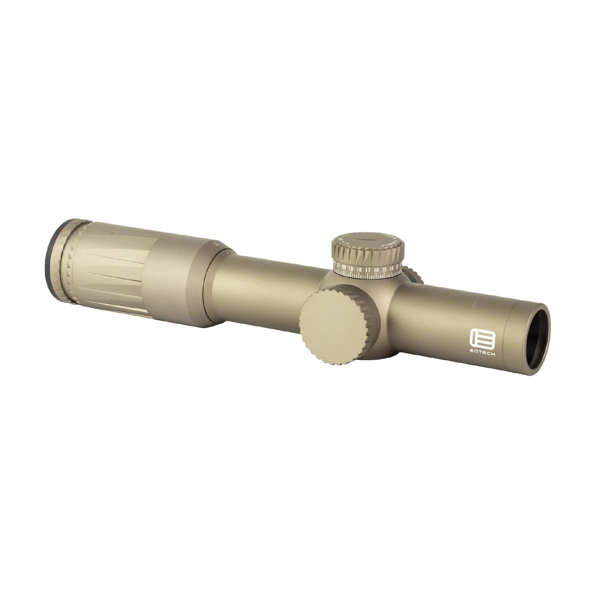 EOTech Vudu 1-10x28 in Tan showing the 34 mm tube and XC high-density glass objective