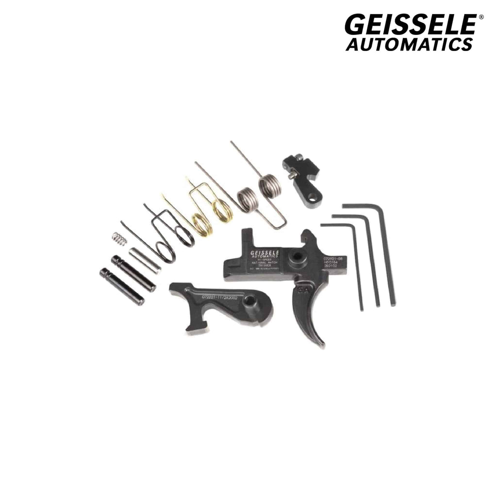 Geissele Hi-Speed Match Universal Trigger - AR-15 Two-Stage, with springs, pins and Allen keys laid out as supplied