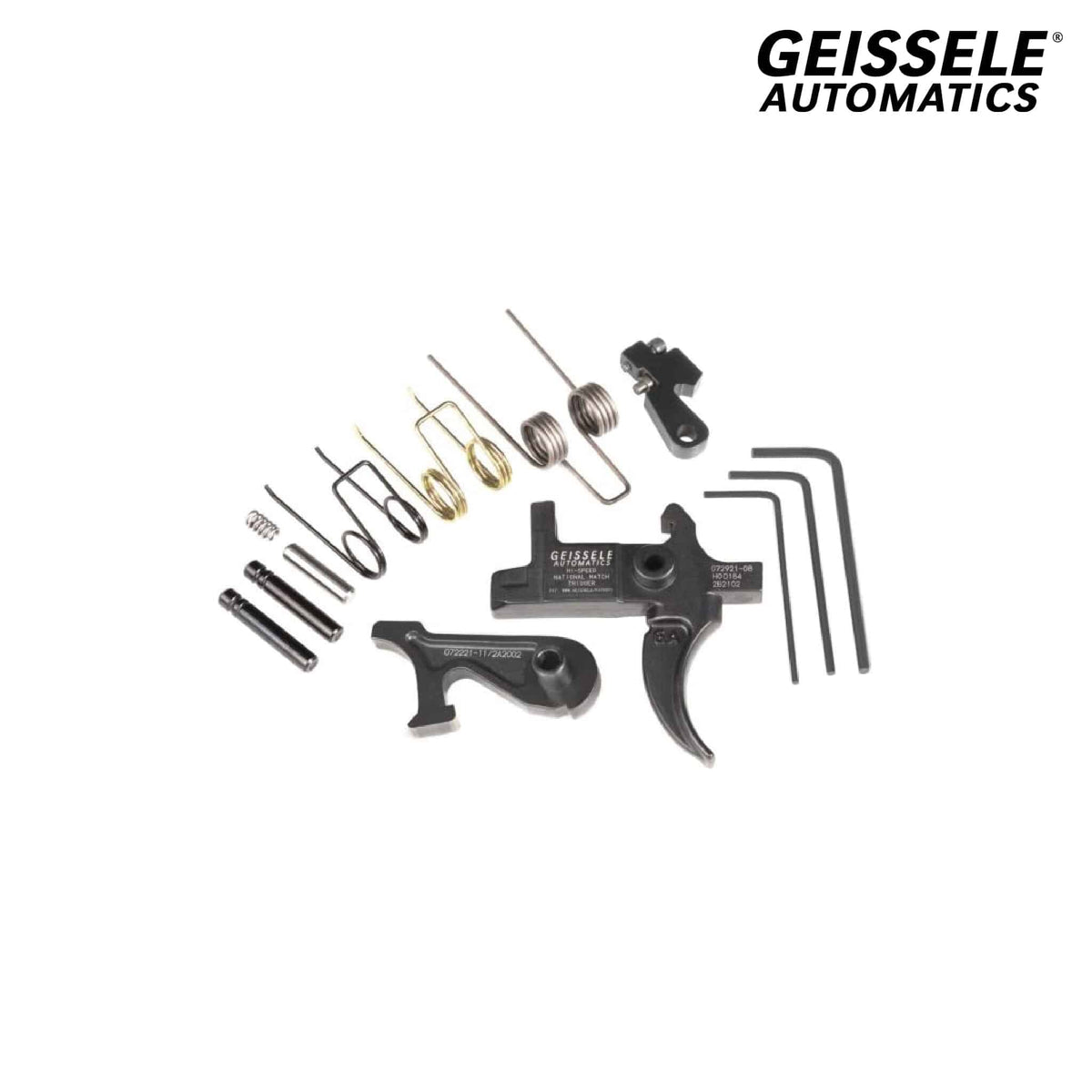 Geissele Hi-Speed Match Universal Trigger - AR-15 Two-Stage, with springs, pins and Allen keys laid out as supplied