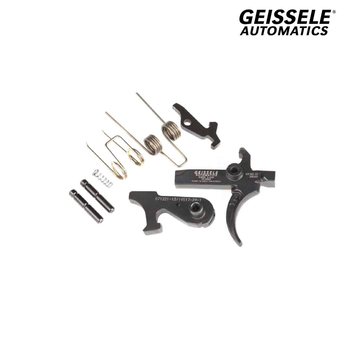 Geissele Super 3-Gun S3G Trigger - AR-15 Single-Stage, with springs and pins laid out as supplied