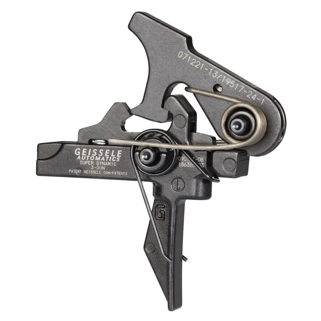 Geissele Super Dynamic 3-Gun SD-3G two-stage AR-15 trigger with flat bow, three-quarter view, 05-166