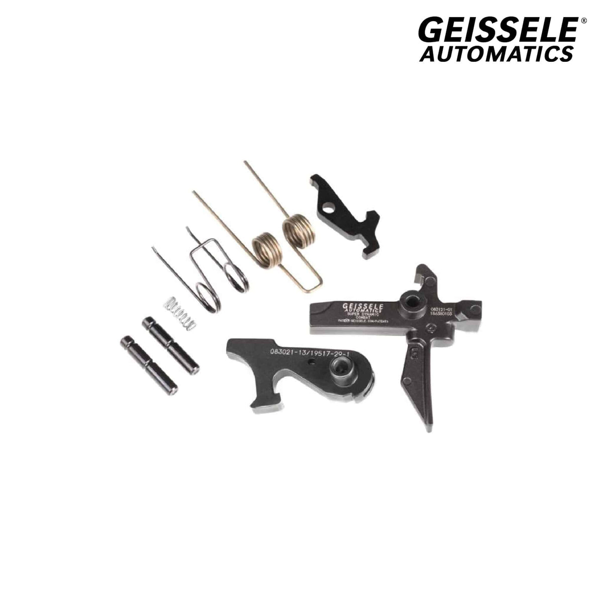 Geissele Super Dynamic Combat SD-C Trigger - AR-15 Flat Bow, with springs and pins laid out as supplied