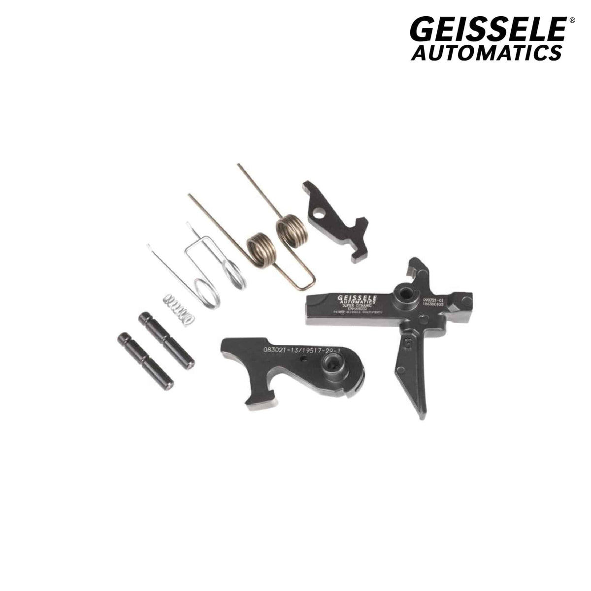 Geissele Super Dynamic Enhanced SD-E Trigger - AR-15 Flat Bow, with springs and pins laid out as supplied