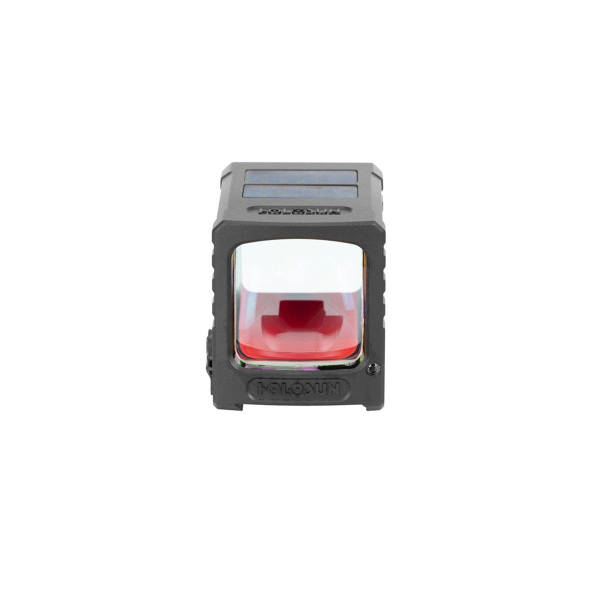 Holosun AEMS Macro red dot sight showing the 0.9 x 0.9 in square window for two-eyes-open shooting