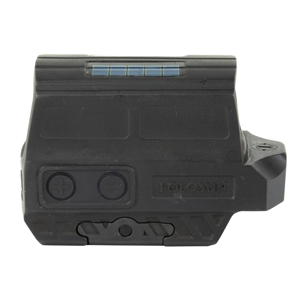 Holosun HE512T titanium red dot sight with the solar panel that backs up its side-tray CR2032