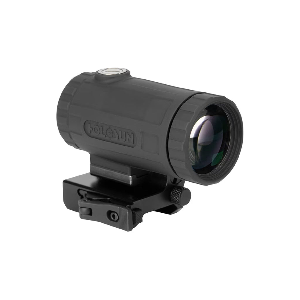 Holosun HM3XT titanium 3x magnifier on the flip-to-side mount used behind a red dot sight