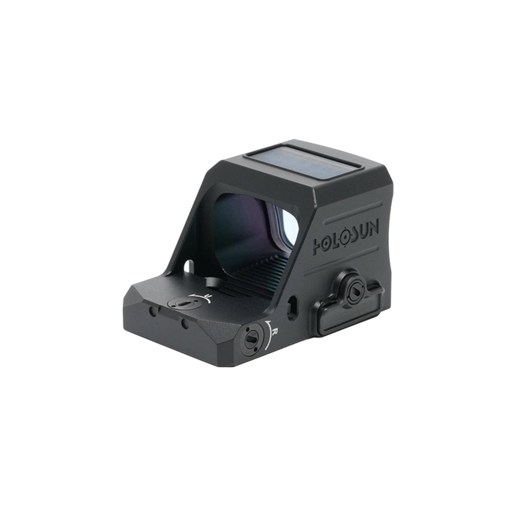 Holosun HS407C X3 red dot sight showing the side-loading CR1632 tray that keeps the zero