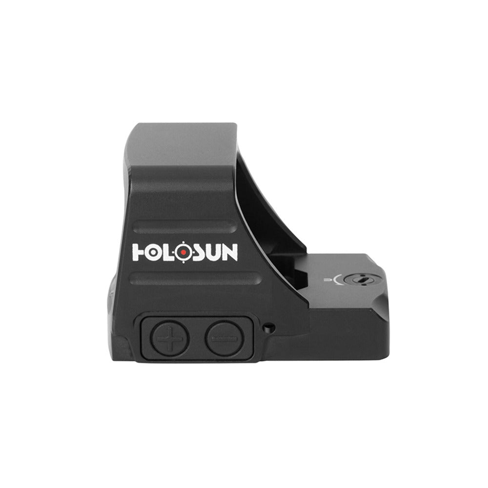 Holosun HS407COMP-GD-6 gold dot sight photographed with no reticle illuminated in the window