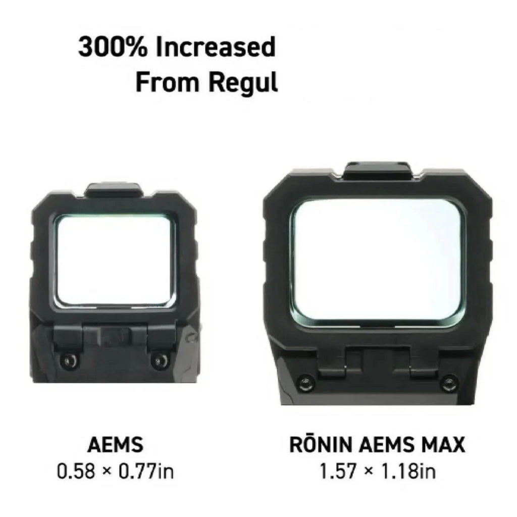 Holosun RONIN AEMS MAX red dot sight showing the 40 x 30mm window used for two-eyes-open shooting