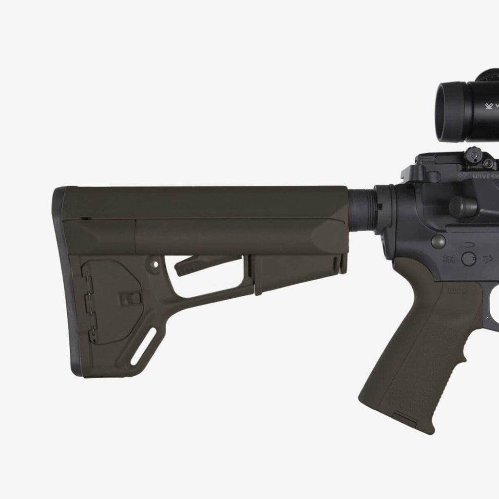 Magpul ACS Carbine Stock Mil-Spec for AR-15/M4, in Olive Drab Green fitted to an AR-15 with matching grip, side view