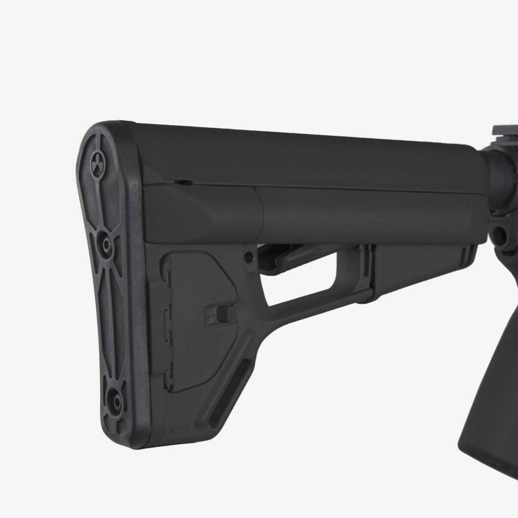 Magpul ACS Carbine Stock Mil-Spec for AR-15/M4, in black fitted to an AR-15, close-up