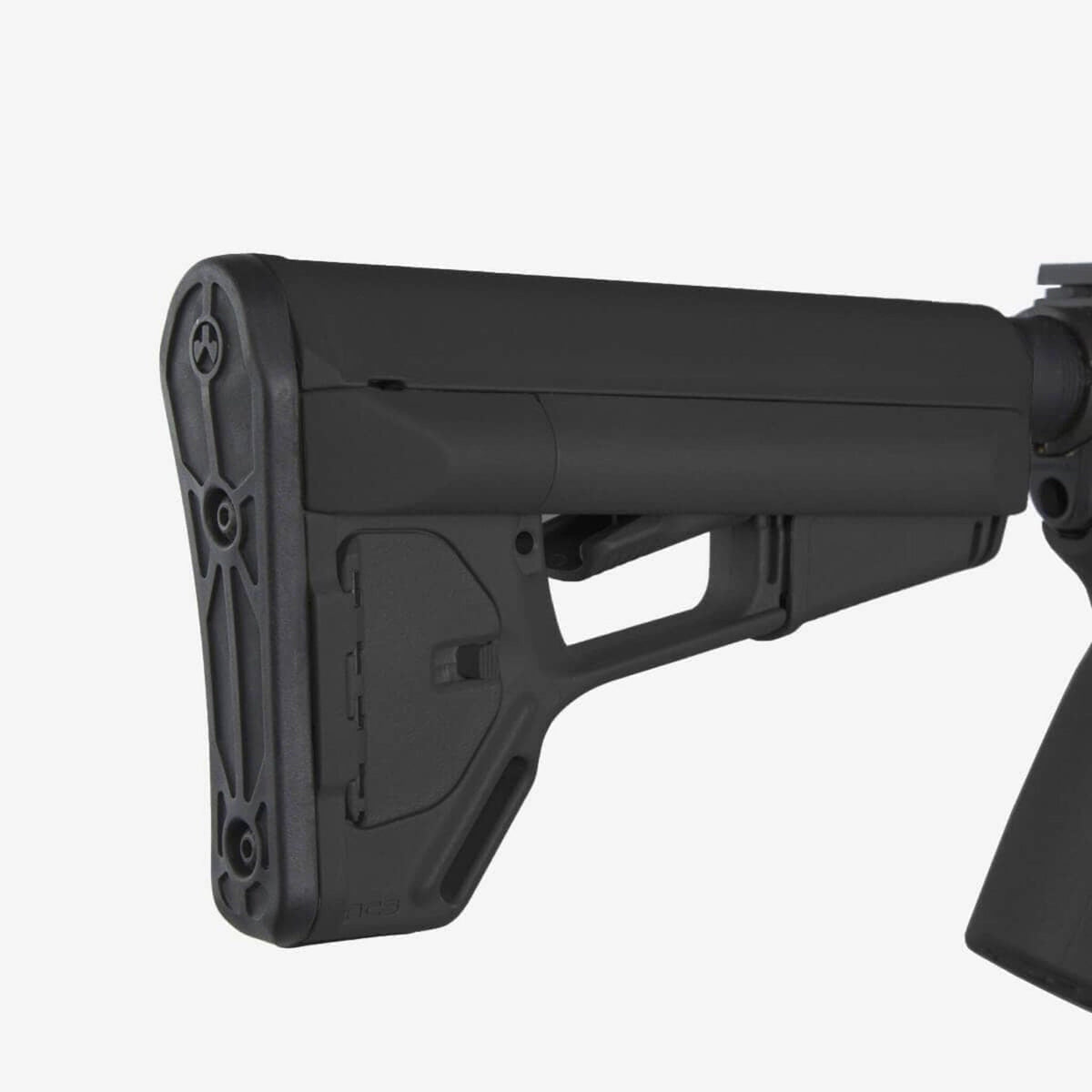 Magpul ACS Carbine Stock Mil-Spec for AR-15/M4, in black fitted to an AR-15, close-up