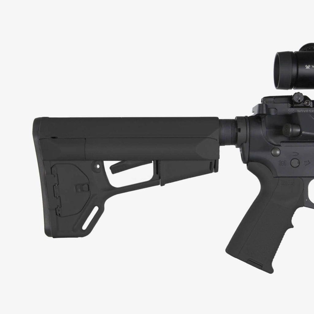 Magpul ACS Carbine Stock Mil-Spec for AR-15/M4, in black fitted to an AR-15, side view