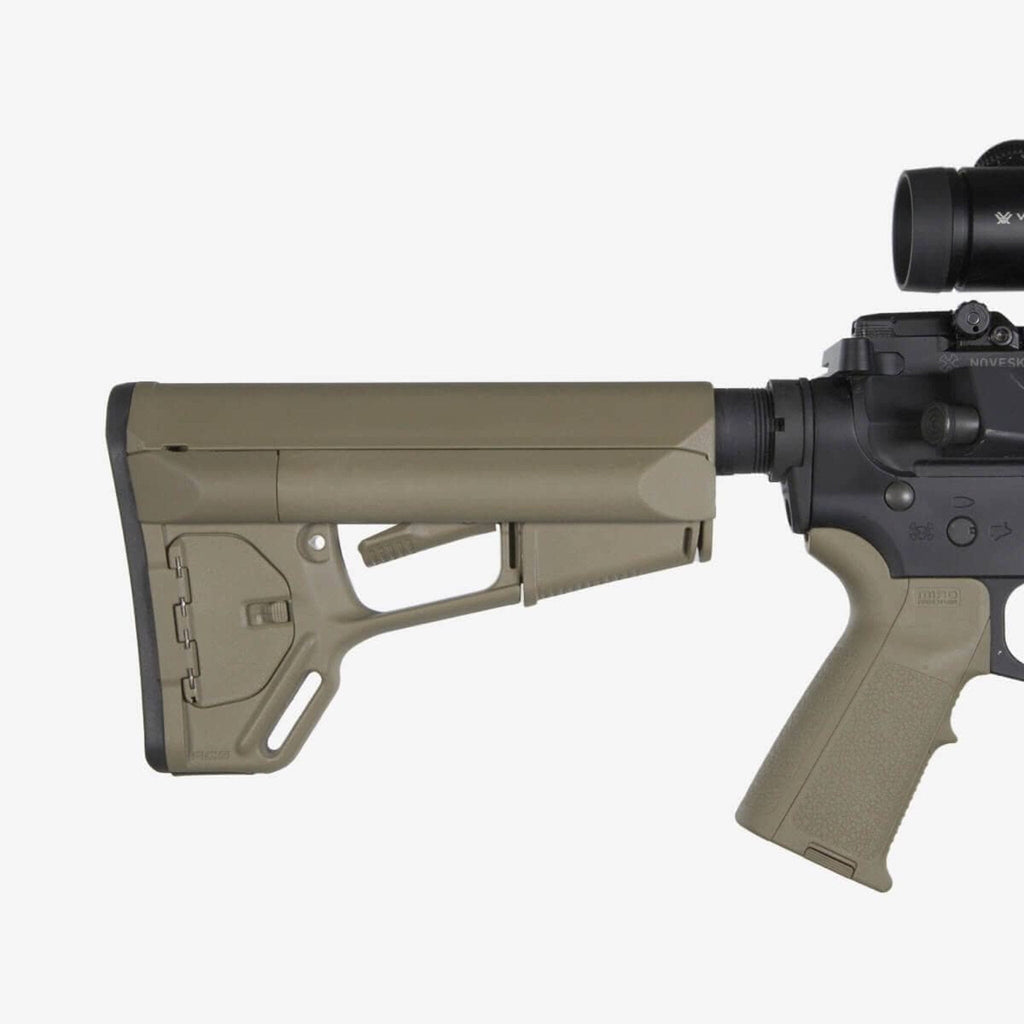 Magpul ACS Carbine Stock Mil-Spec for AR-15/M4, in Flat Dark Earth fitted to an AR-15 with matching grip, side view