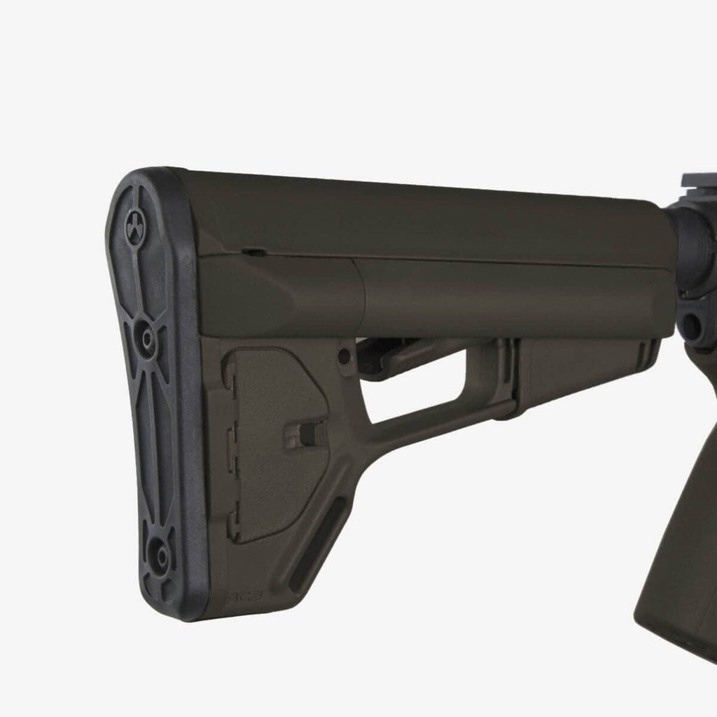 Magpul ACS Carbine Stock Mil-Spec for AR-15/M4, in Olive Drab Green fitted to an AR-15, close-up