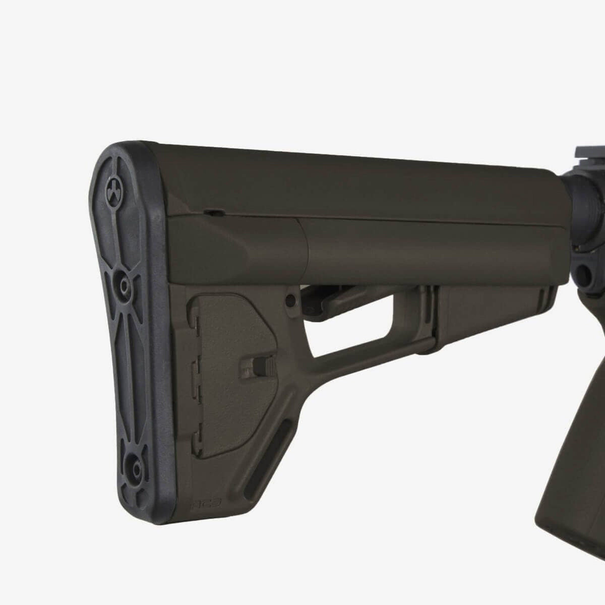 Magpul ACS Carbine Stock Mil-Spec for AR-15/M4, in Olive Drab Green fitted to an AR-15, close-up