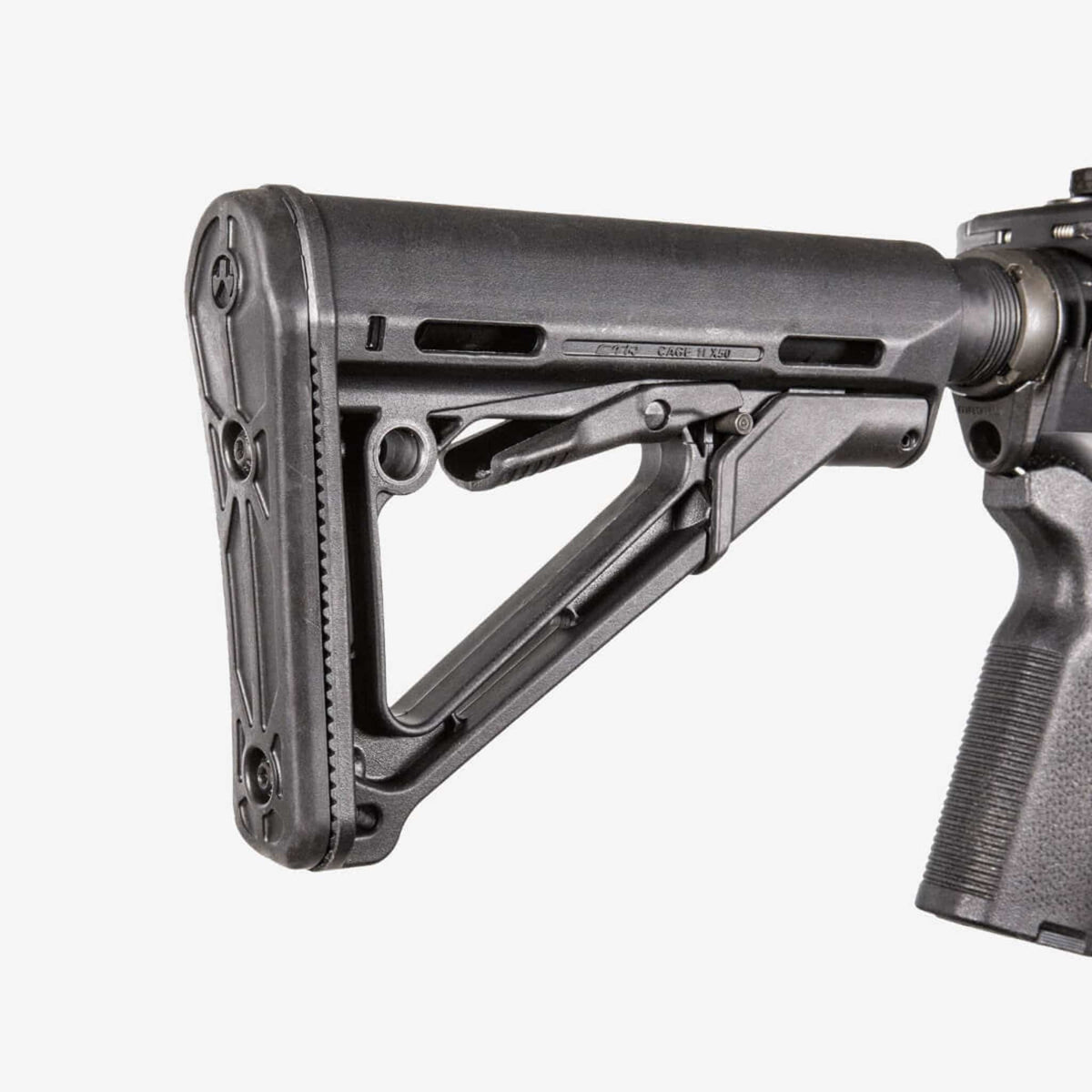 Magpul CTR Carbine Stock Mil-Spec for AR-15/M4, fitted to an AR-15, side view