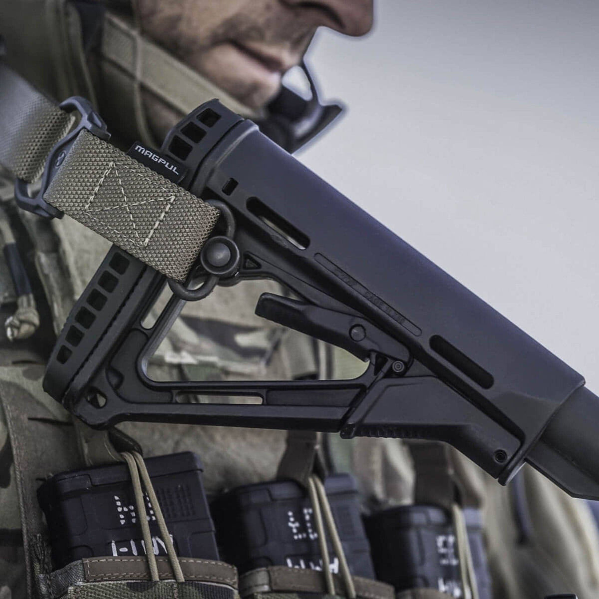 Magpul CTR Carbine Stock Mil-Spec for AR-15/M4, on a rifle carried by an operator in plate carrier