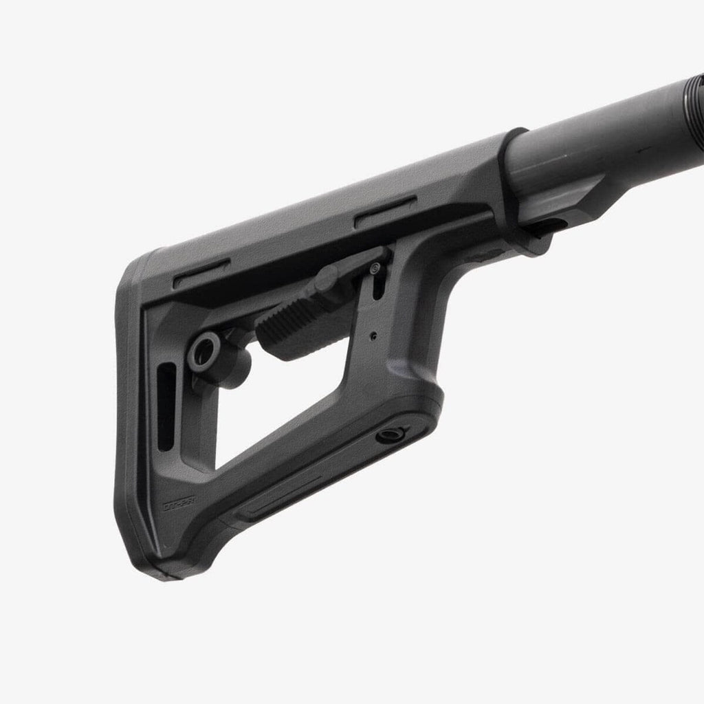 Magpul DT-PR Carbine Stock Mil-Spec for AR-15 & AR-10, fitted to a buffer tube, angled view