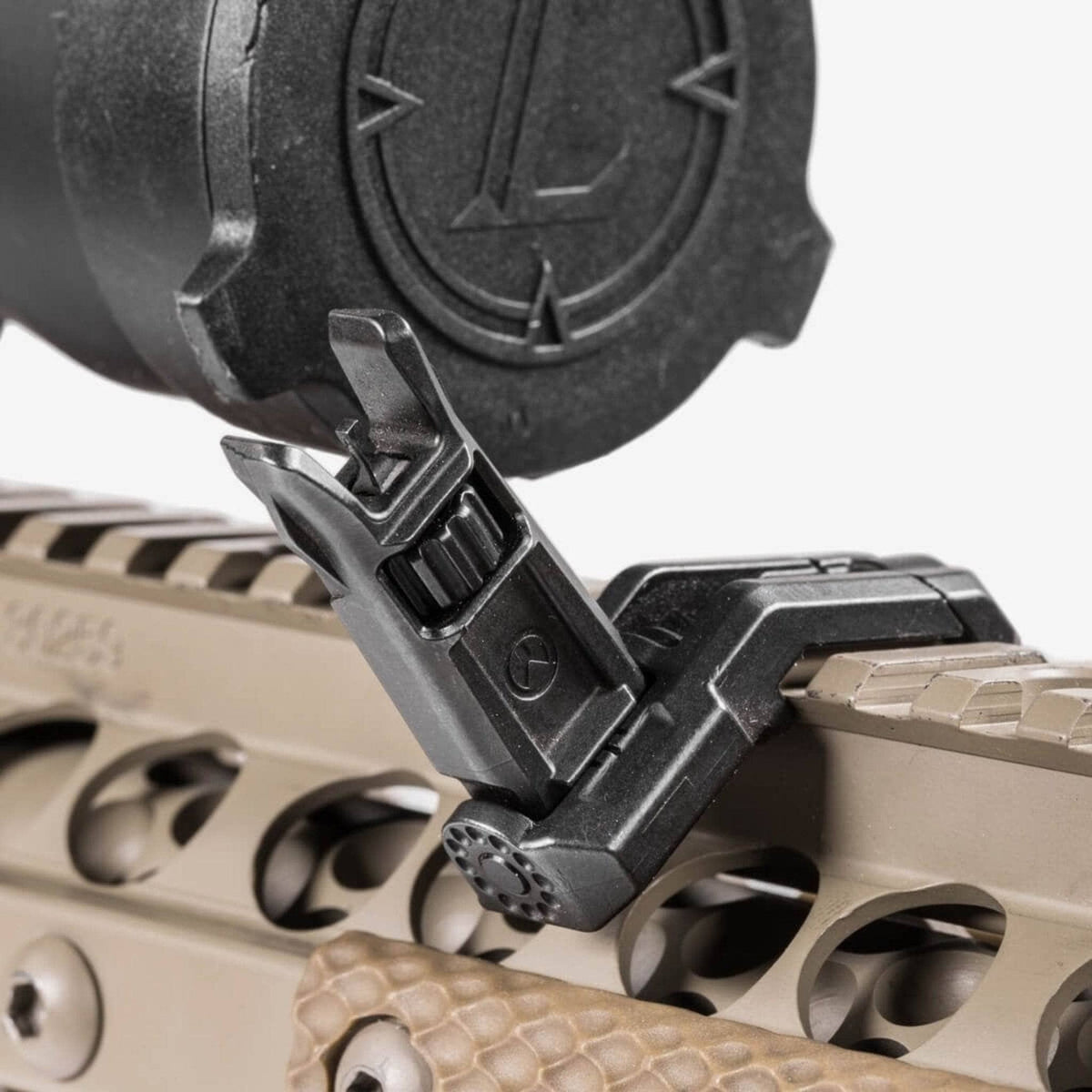 Magpul MBUS Pro Offset Front Sight, mounted at 45 degrees beside a magnified optic