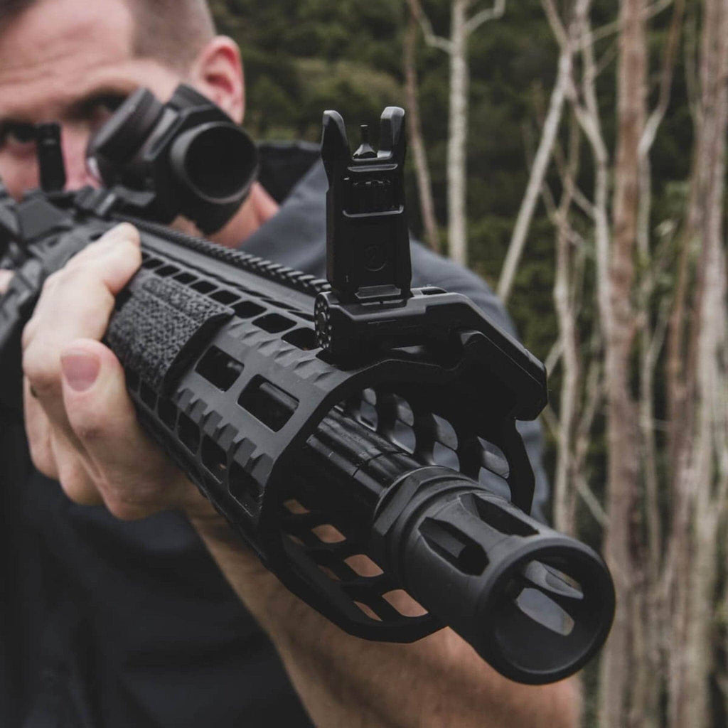 Magpul MBUS Pro Offset Front Sight, in use by a shooter aiming a rifle