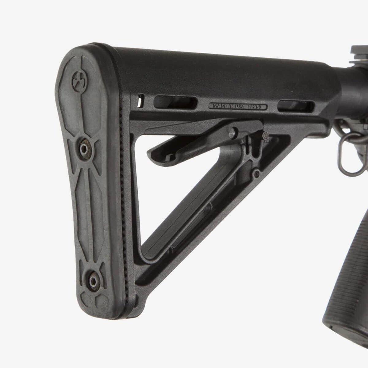Magpul MOE Carbine Stock Mil-Spec for AR-15/M4, fitted to an AR-15, close-up