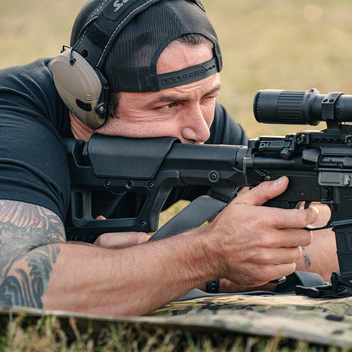 Magpul PRS Lite Precision-Adjustable Stock for AR-15 & AR-10, in use by a prone shooter